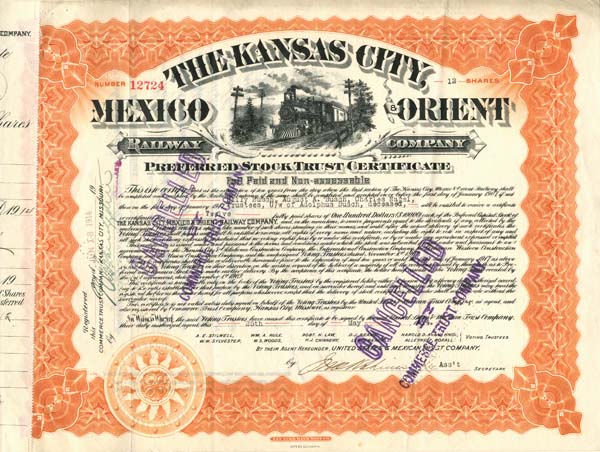 Kansas City, Mexico and Orient Railway Co. signed by August Busch - Stock Certificate